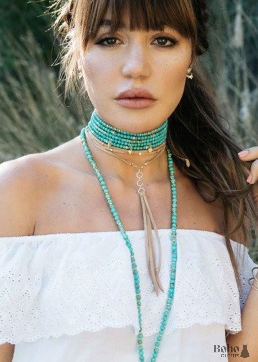 Boho Necklace Choker Blue and Green Natural Stones - Jewelry