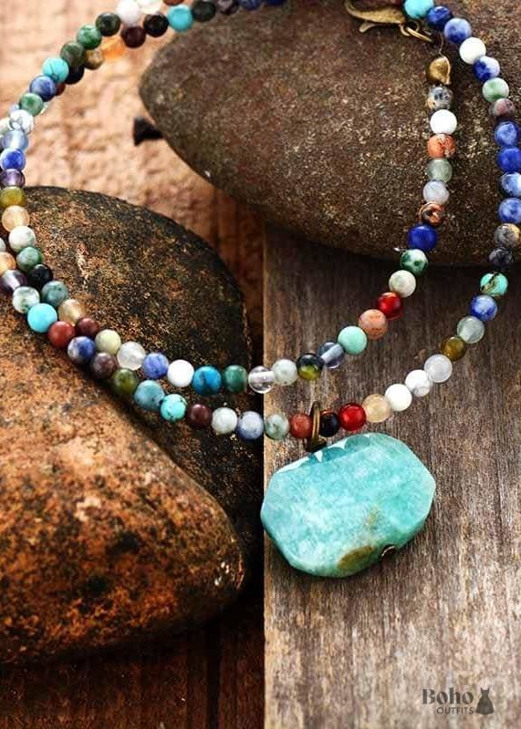 Boho Necklace Choker Mix Natural Stone Beads Pendant -