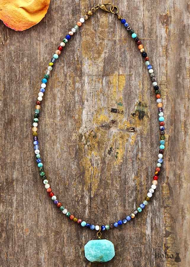 Boho Necklace Choker Mix Natural Stone Beads Pendant -