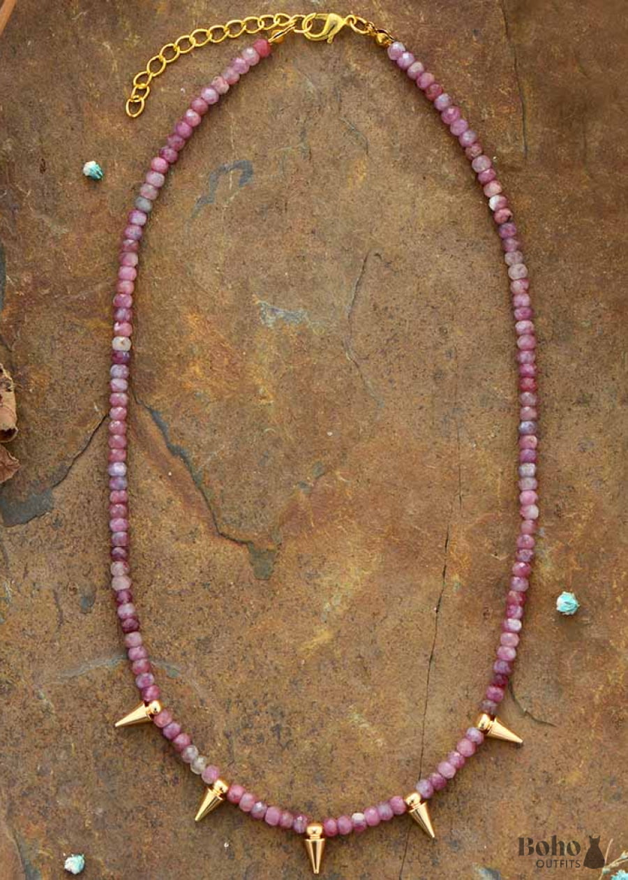 Boho Necklace Choker Pink Tourmaline Spike - Jewelry