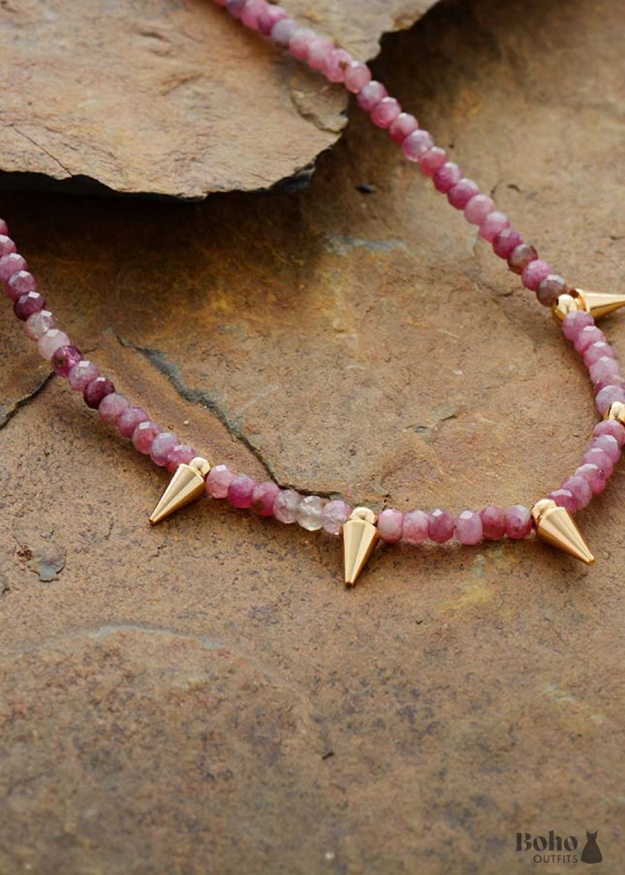 Boho Necklace Choker Pink Tourmaline Spike - Jewelry