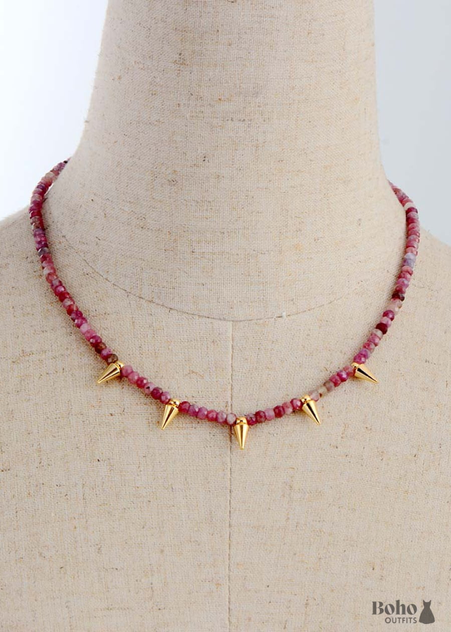 Boho Necklace Choker Pink Tourmaline Spike - Jewelry