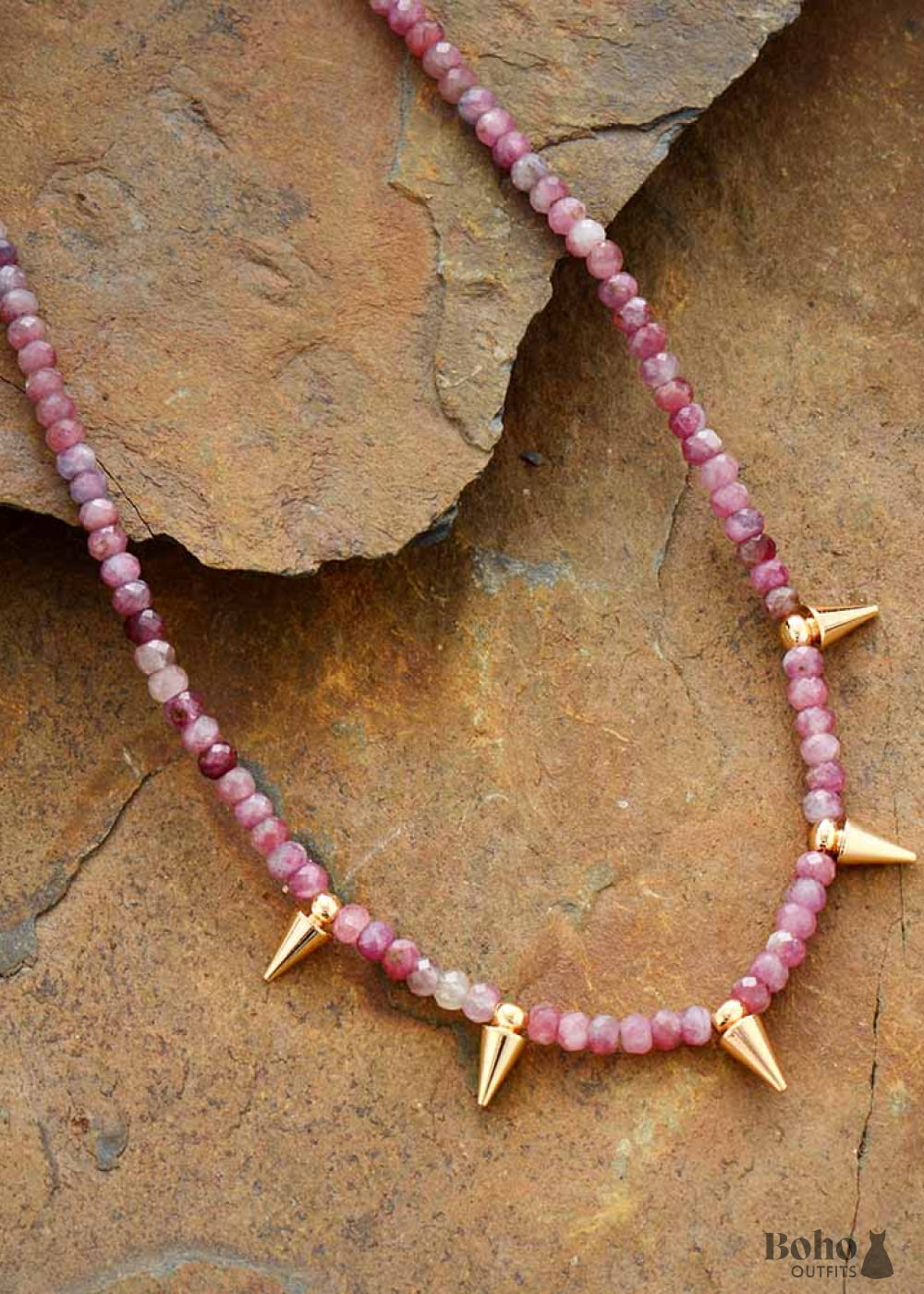 Boho Necklace Choker Pink Tourmaline Spike - Jewelry