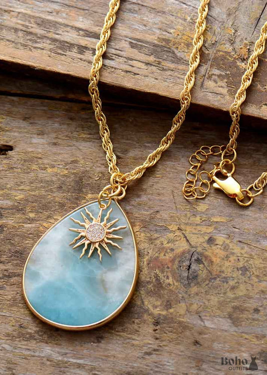 Boho Necklace Chunky Gold Chain Amazonite Teardrop Pendant