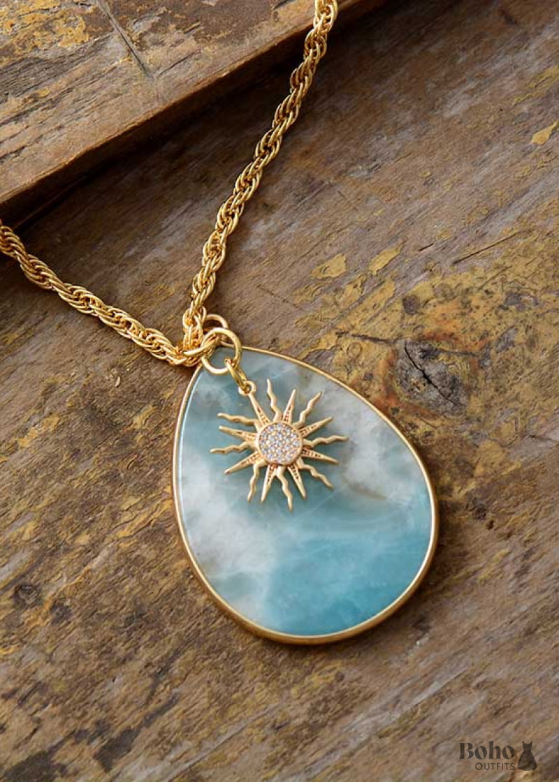 Boho Necklace Chunky Gold Chain Amazonite Teardrop Pendant