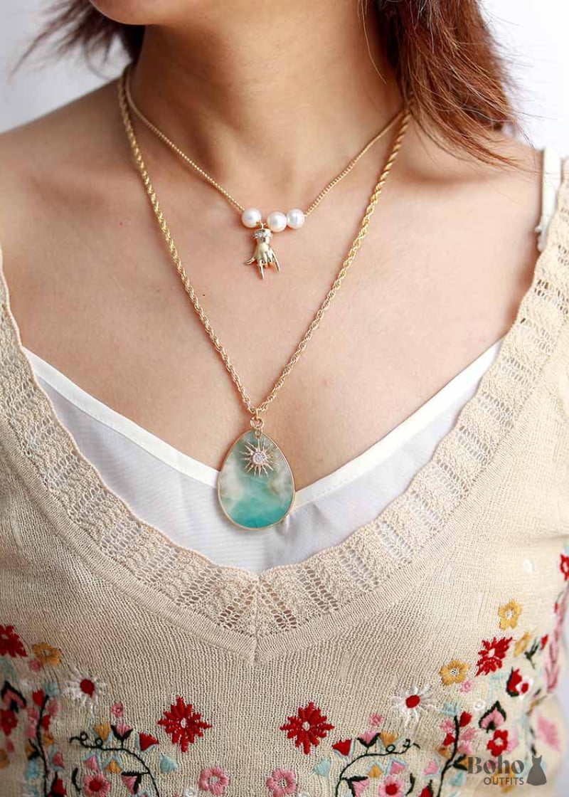 Boho Necklace Chunky Gold Chain Amazonite Teardrop Pendant