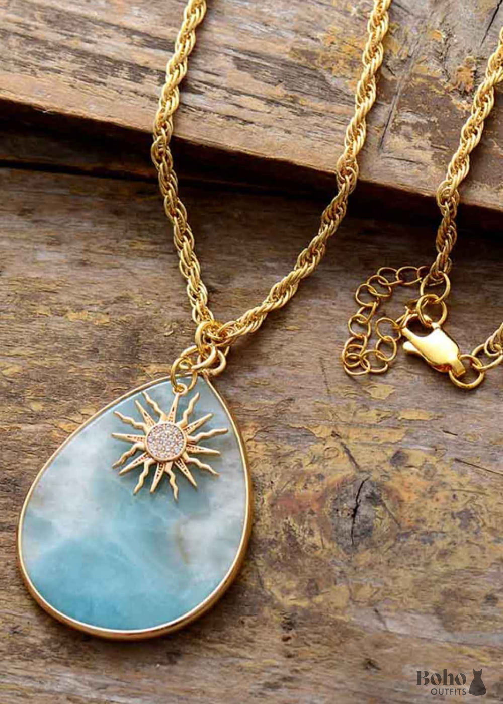 Boho Necklace Chunky Gold Chain Amazonite Teardrop Pendant