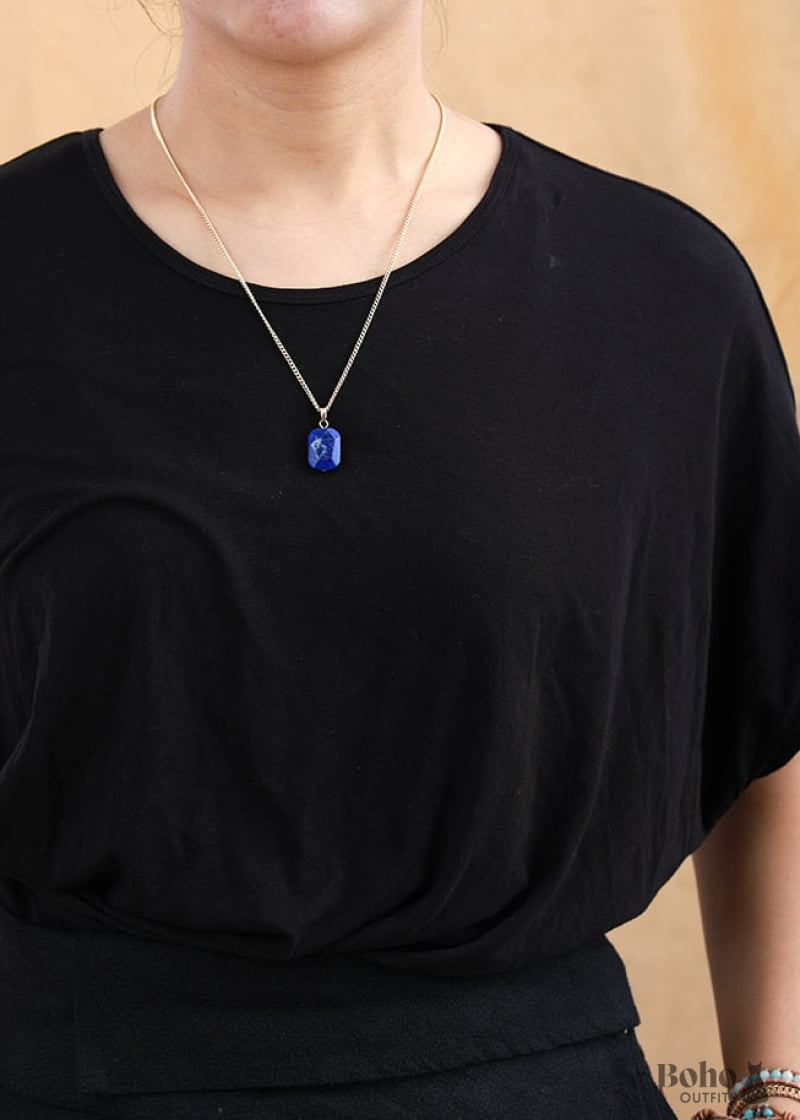 Boho Necklace Deep Blue Lapis Square Pendant - Jewelry