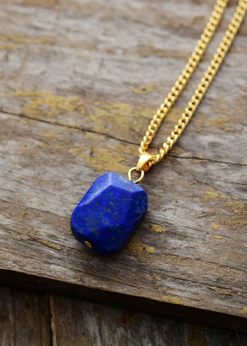 Boho Necklace Deep Blue Lapis Square Pendant - Jewelry