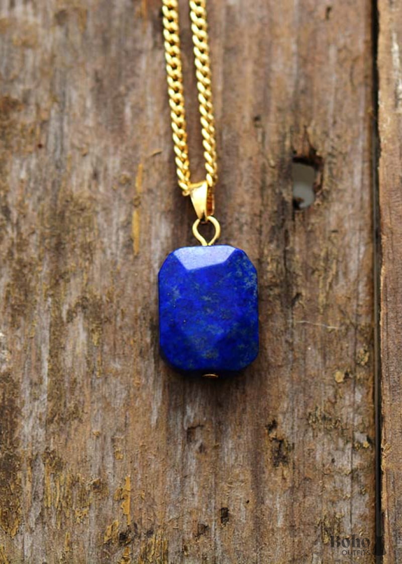 Boho Necklace Deep Blue Lapis Square Pendant - Jewelry