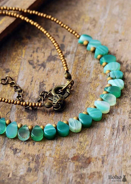 Boho Necklace Green Semiprecious Stone Seeds - Jewelry