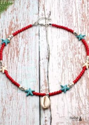 Boho Necklace Hippie Blue Shell & Starfish - red - Jewelry