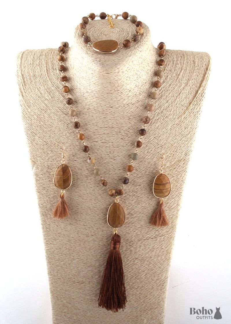 Boho Necklace Jewelry Set RH AmazoniteTassel Natural Green