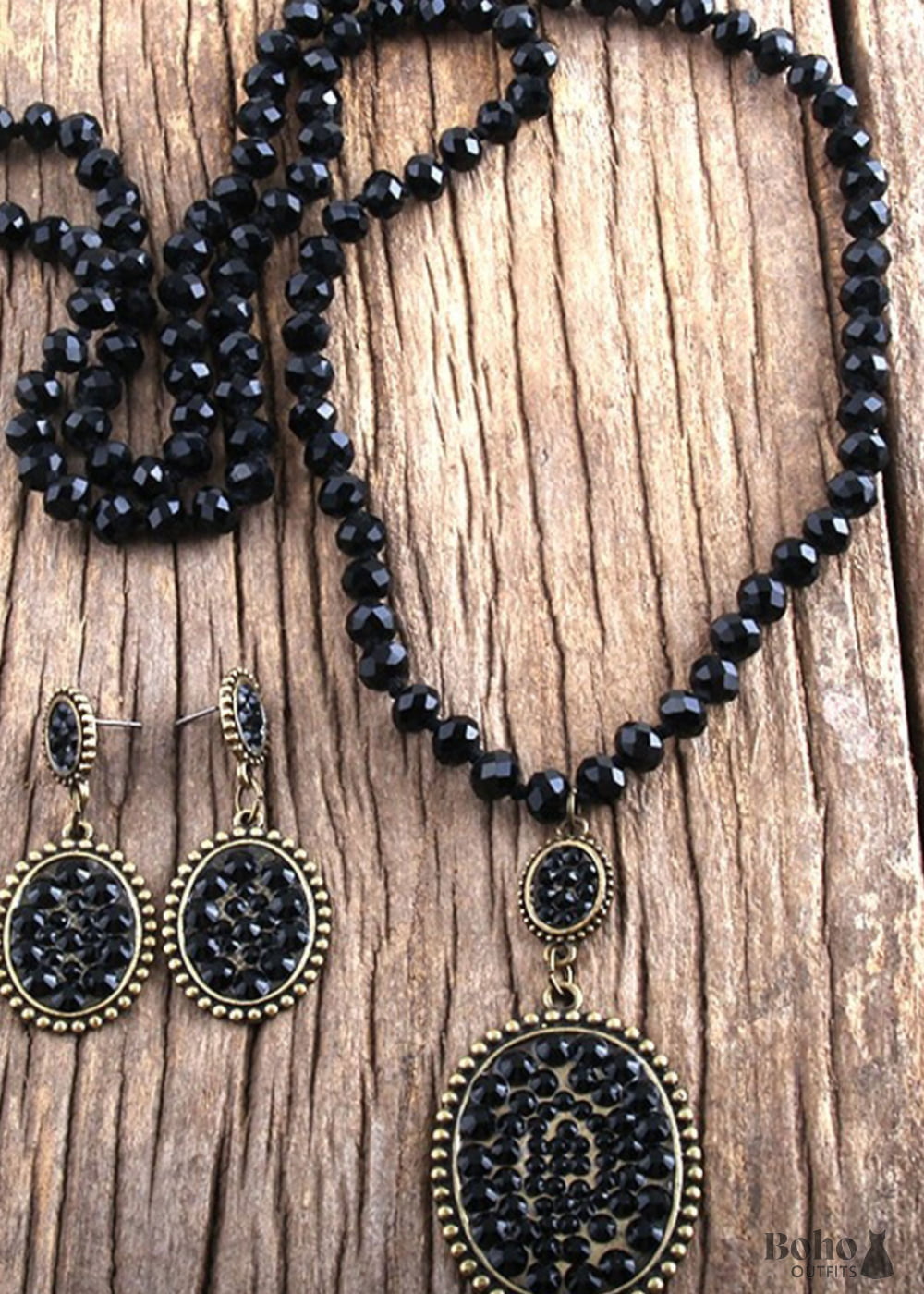 Boho Necklace Jewelry Set RH Crystal Black White Glass