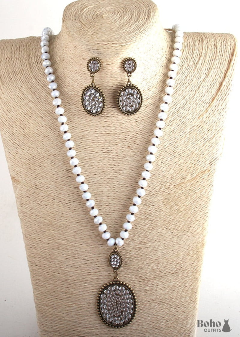 Boho Necklace Jewelry Set RH Crystal Black White Glass