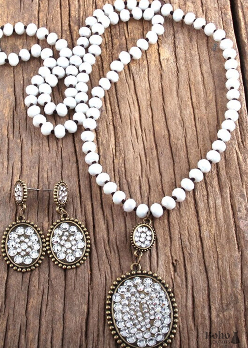 Boho Necklace Jewelry Set RH Crystal Black White Glass