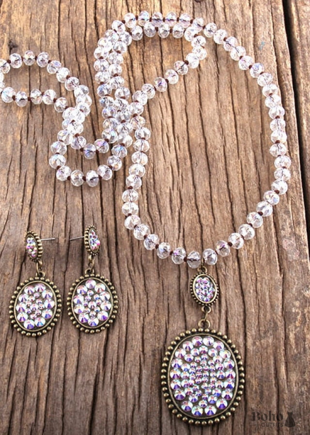 Boho Necklace Jewelry Set RH Crystal Black White Glass - AB