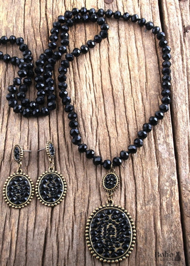 Boho Necklace Jewelry Set RH Crystal Black White Glass