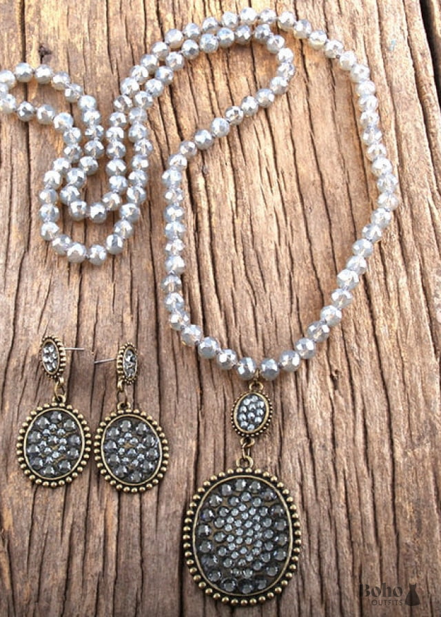 Boho Necklace Jewelry Set RH Crystal Black White Glass