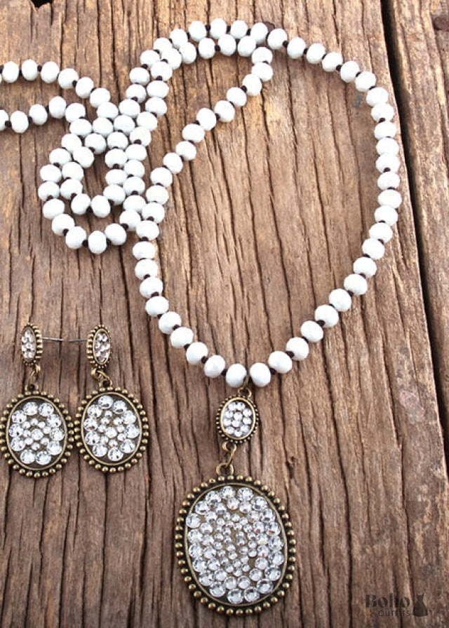 Boho Necklace Jewelry Set RH Crystal Black White Glass