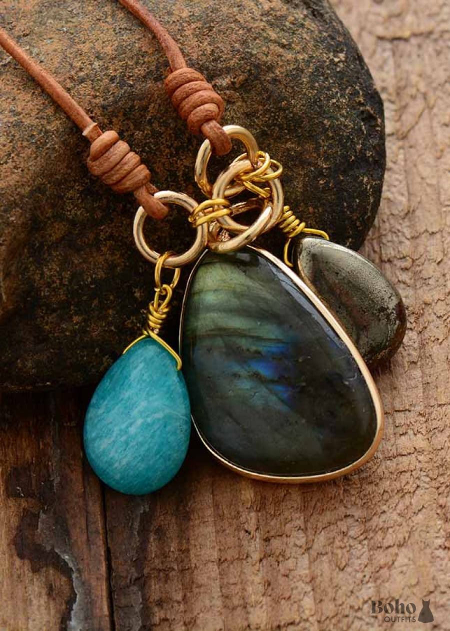 Boho Necklace Labradorite Amazonite Leather Pendant