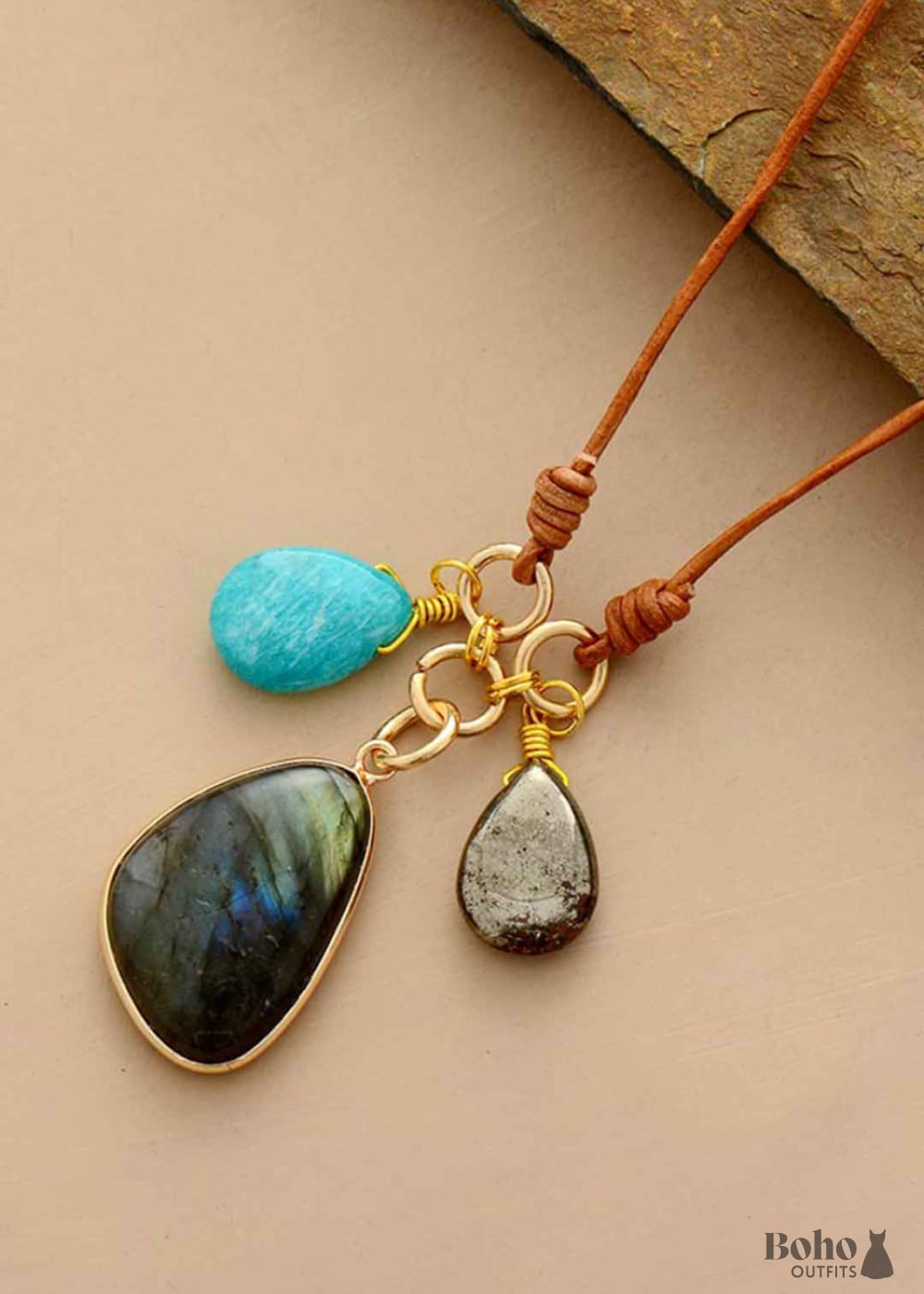 Boho Necklace Labradorite Amazonite Leather Pendant