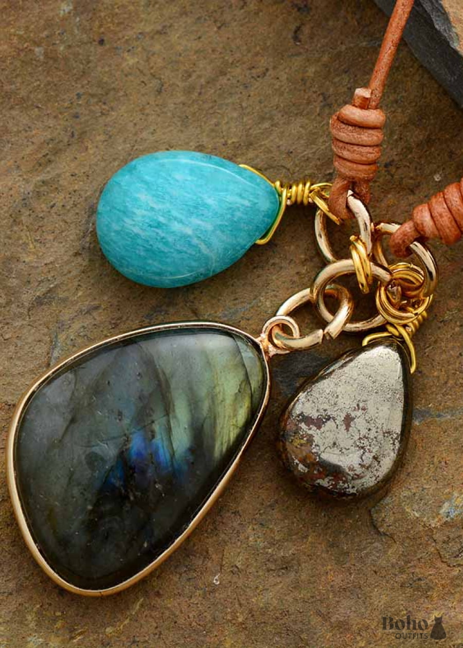 Boho Necklace Labradorite Amazonite Leather Pendant