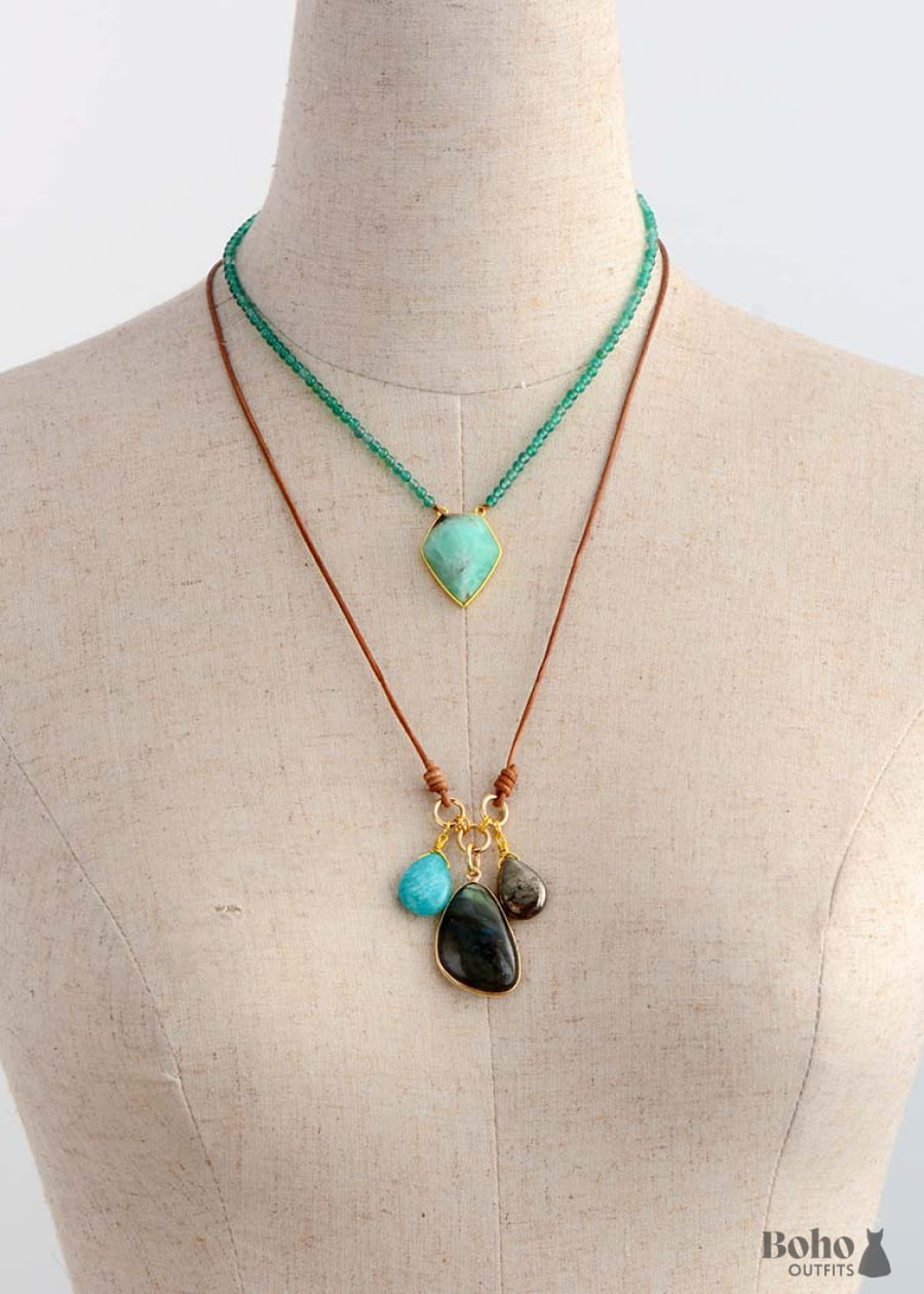 Boho Necklace Labradorite Amazonite Leather Pendant