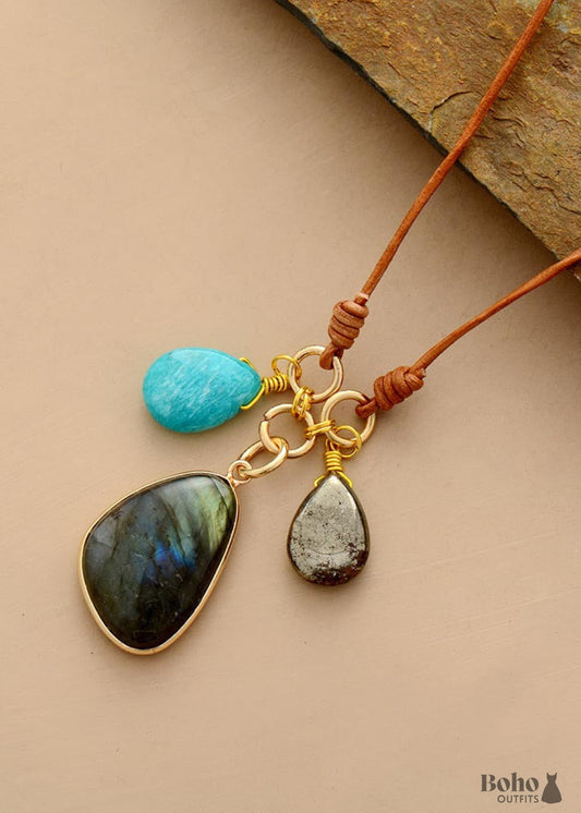 Boho Necklace Labradorite Amazonite Leather Pendant