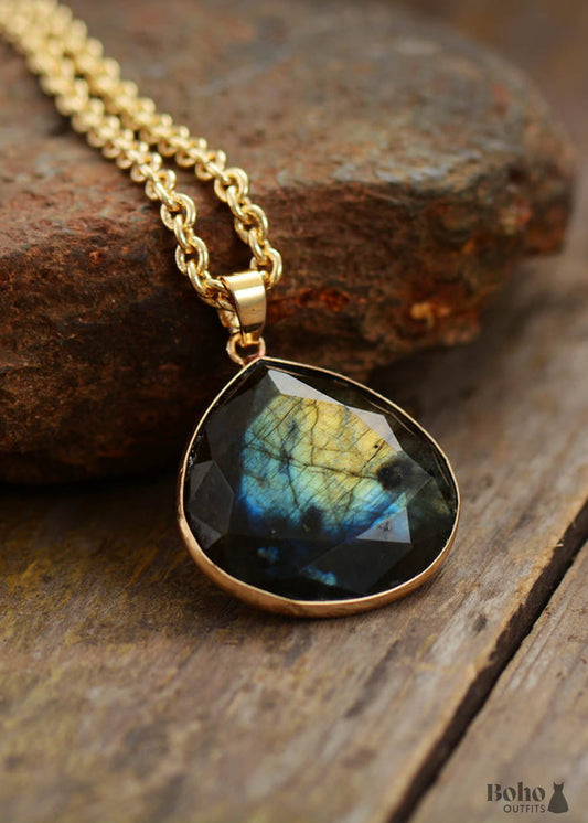 Boho Necklace Labradorite and Gold Chain Rosie - Jewelry