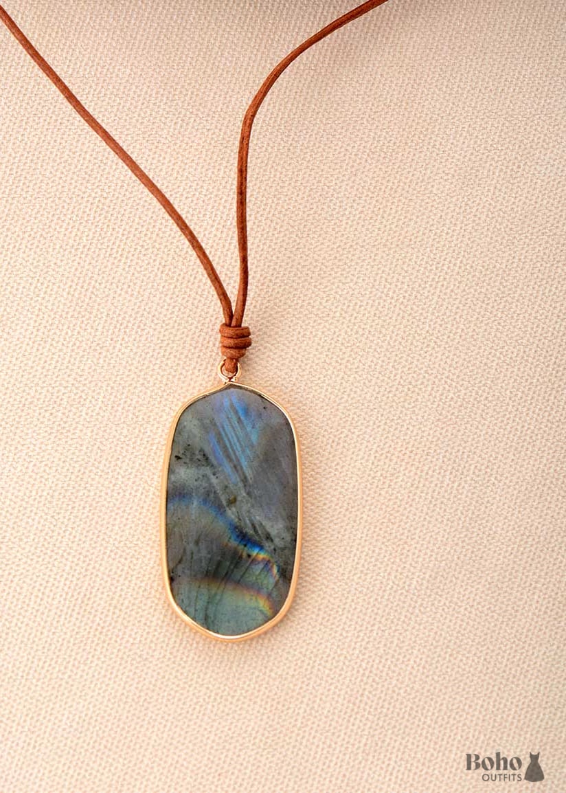 Boho Necklace Labradorite Green Natural Stone Pendant -