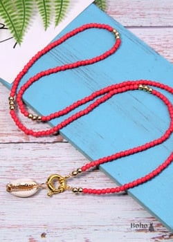 Boho Necklace Long Blue Hippie Shell - red - Jewelry