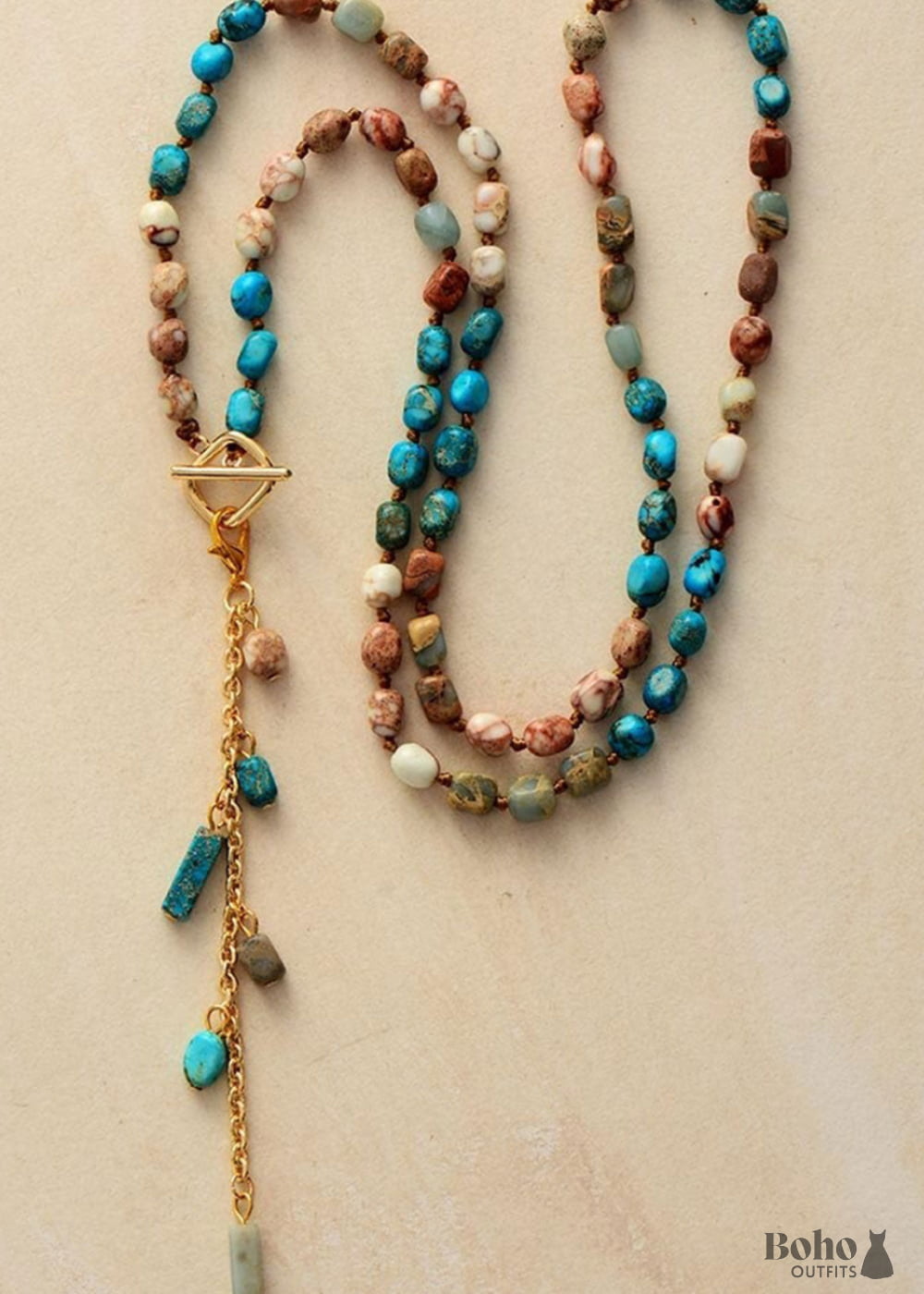 Boho Necklace Mala Blue & Brown Imperial Jaspers - Jewelry