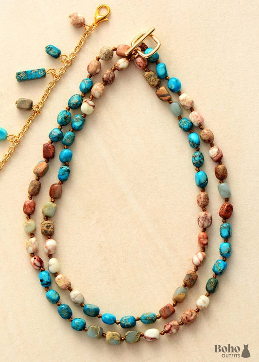 Boho Necklace Mala Blue & Brown Imperial Jaspers - Jewelry