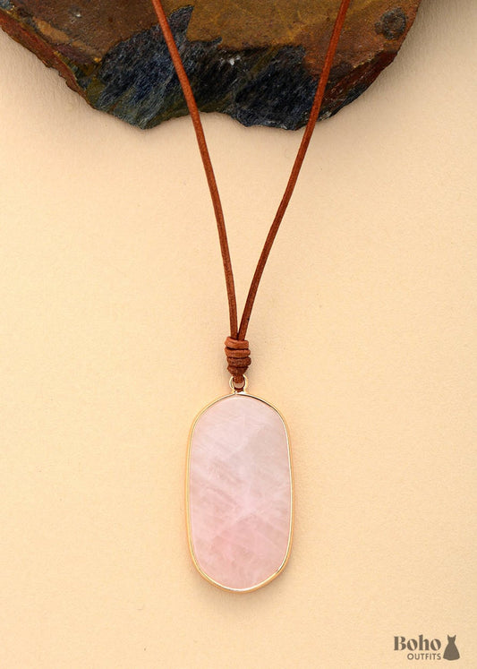 Boho Necklace Natural Stone Pendant Pink Rose Quartzs -