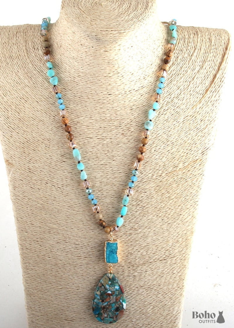 Boho Necklace RH Agated Crystal Blue Oval Natural Stone