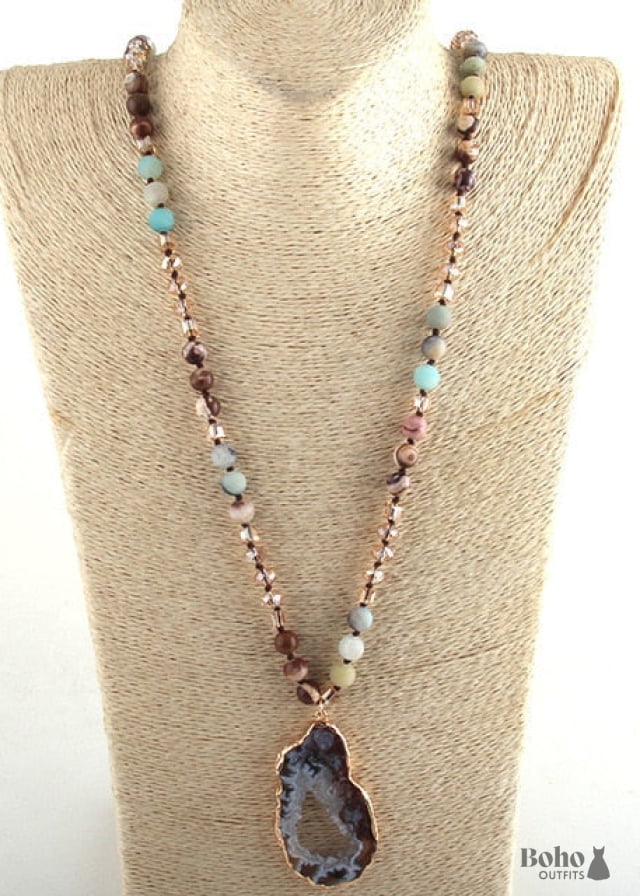 Boho Necklace RH Amazonite Crystal Druzy Brown Natural