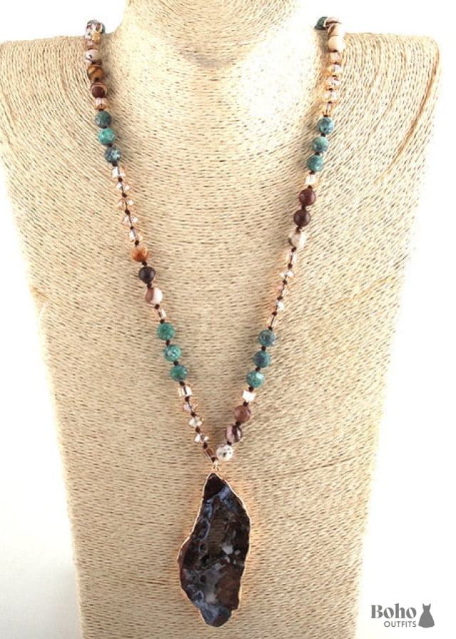 Boho Necklace RH Amazonite Crystal Druzy Brown Natural