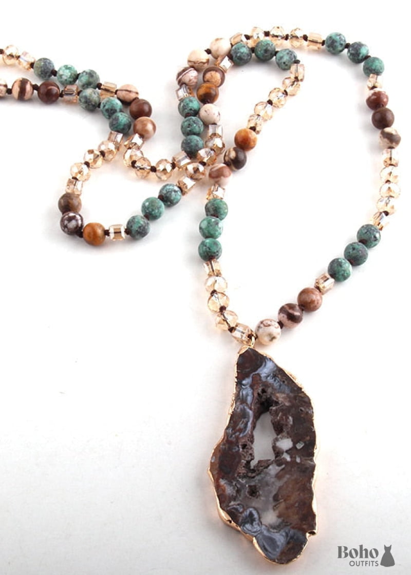 Boho Necklace RH Amazonite Crystal Druzy Brown Natural