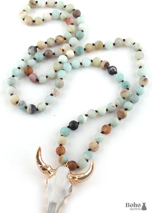 Boho Necklace RH Amazonite Horn Natural Green Stone -