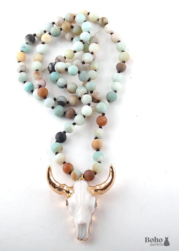 Boho Necklace RH Amazonite Horn Natural Green Stone -