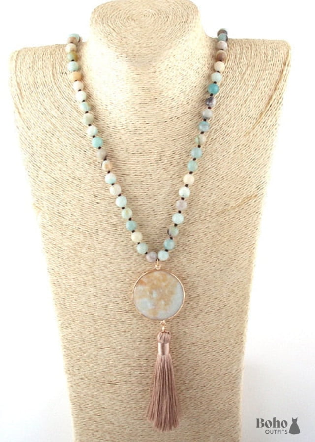 Boho Necklace RH Amazonite Jasper Circle Tassel Green White