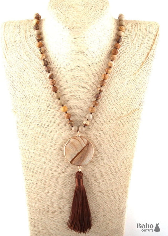 Boho Necklace RH Amazonite Jasper Circle Tassel Green White