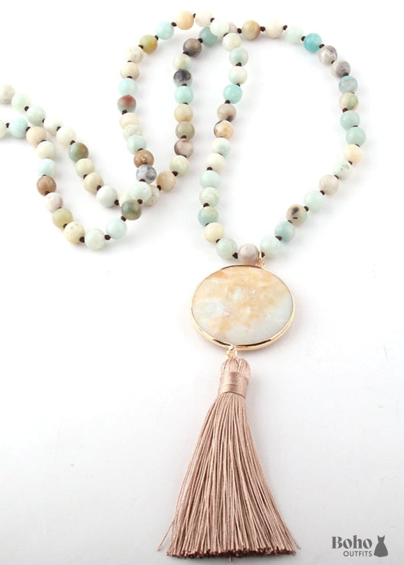 Boho Necklace RH Amazonite Jasper Circle Tassel Green White