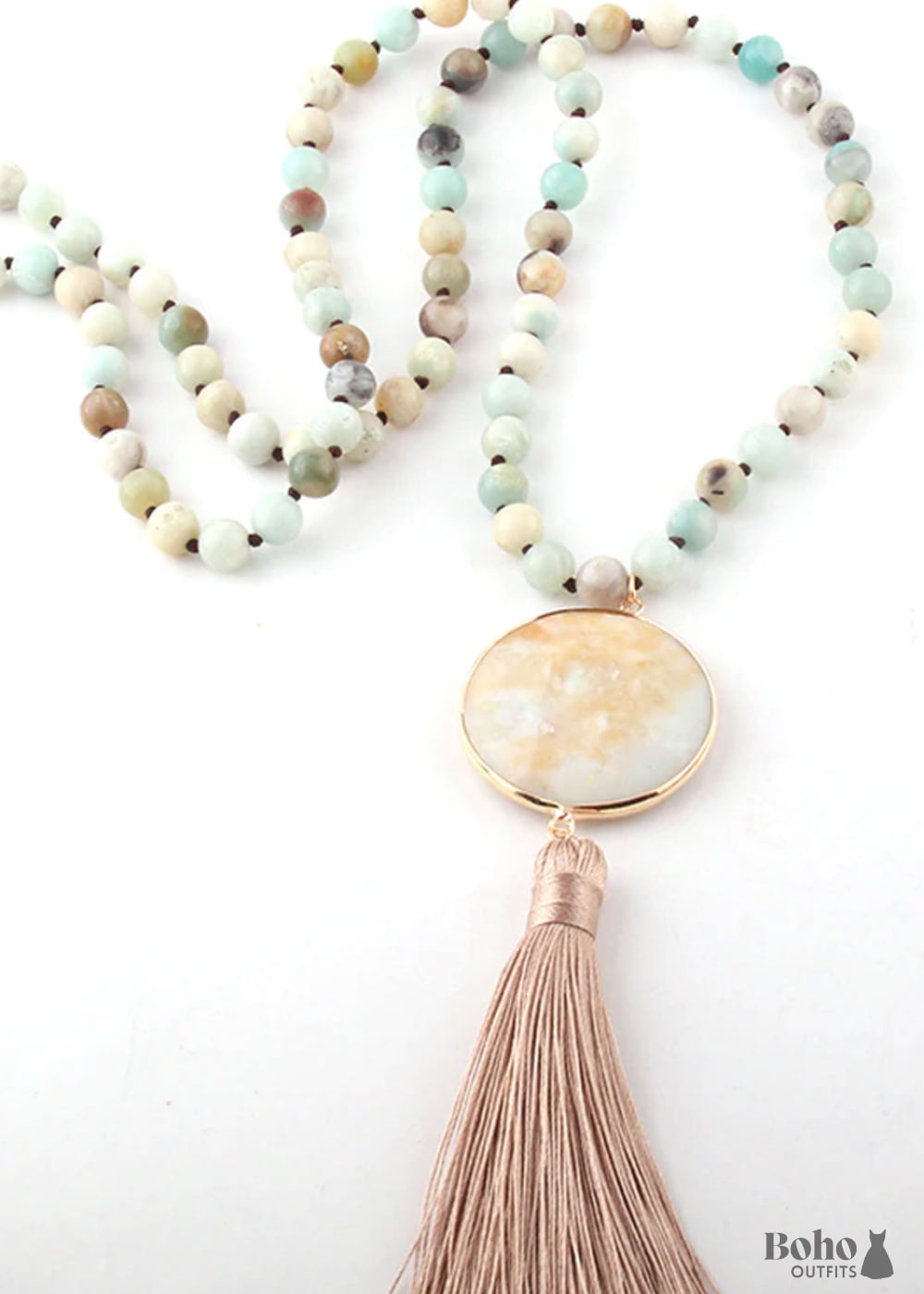 Boho Necklace RH Amazonite Jasper Circle Tassel Green White