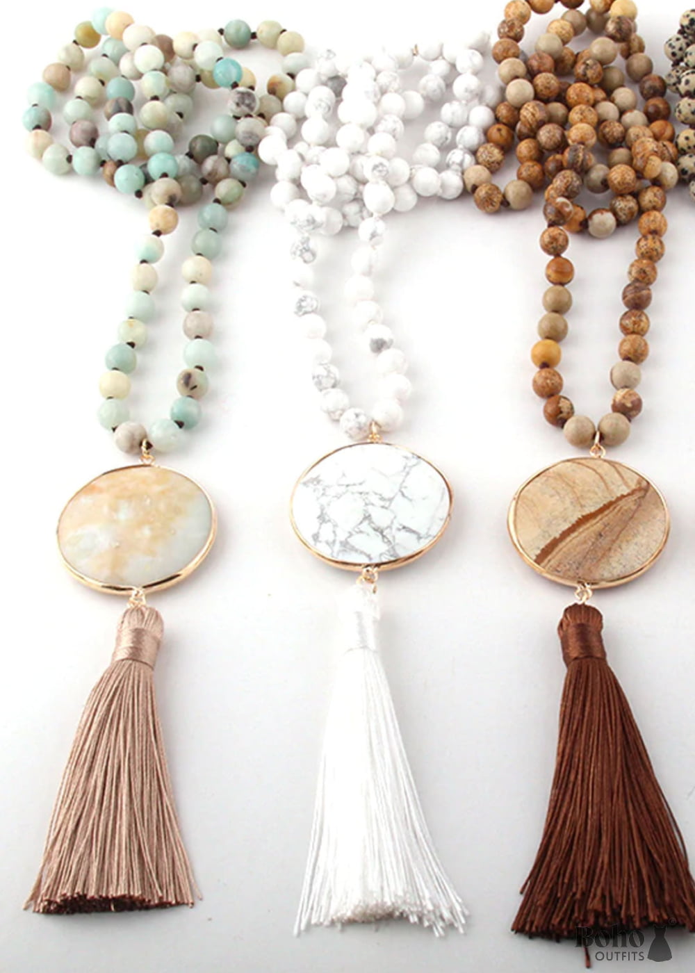 Boho Necklace RH Amazonite Jasper Circle Tassel Green White