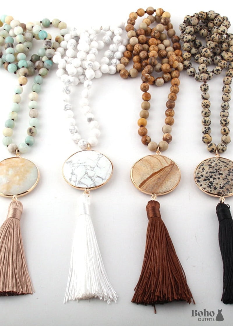 Boho Necklace RH Amazonite Jasper Circle Tassel Green White