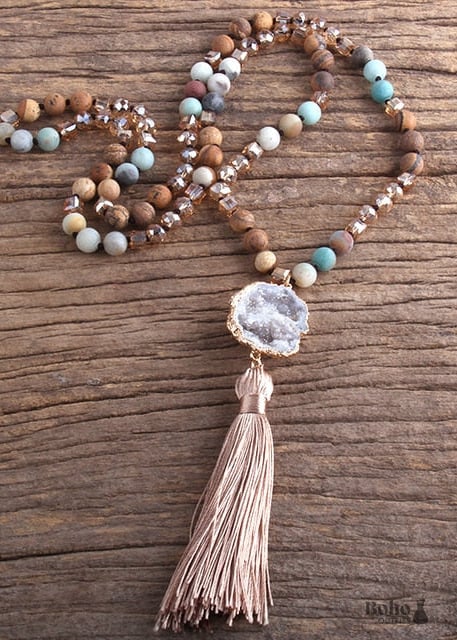 Boho Necklace RH Amazonite Jasper Crystal Tassel Brown