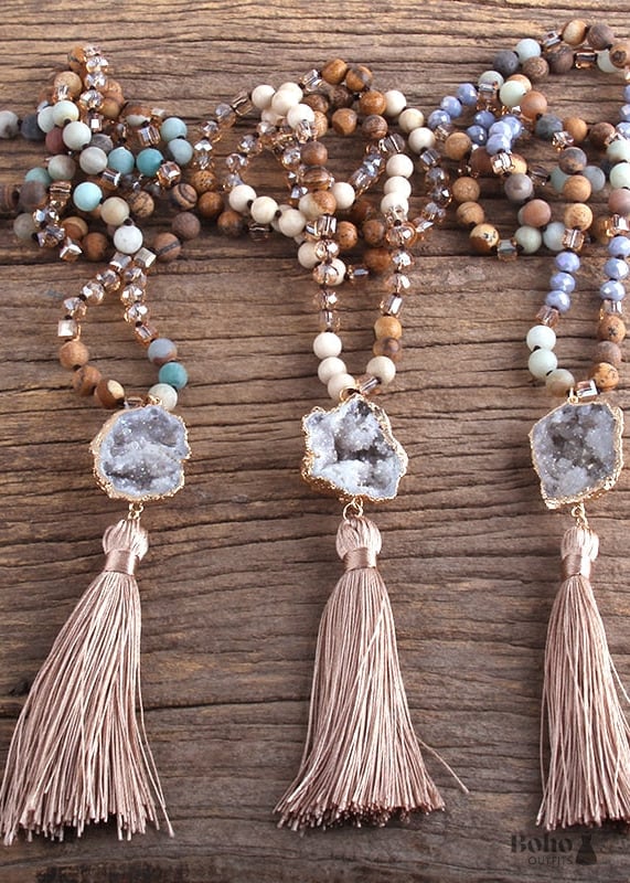 Boho Necklace RH Amazonite Jasper Crystal Tassel Brown