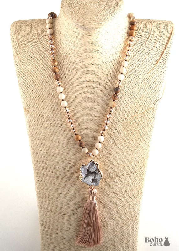 Boho Necklace RH Amazonite Jasper Crystal Tassel Brown